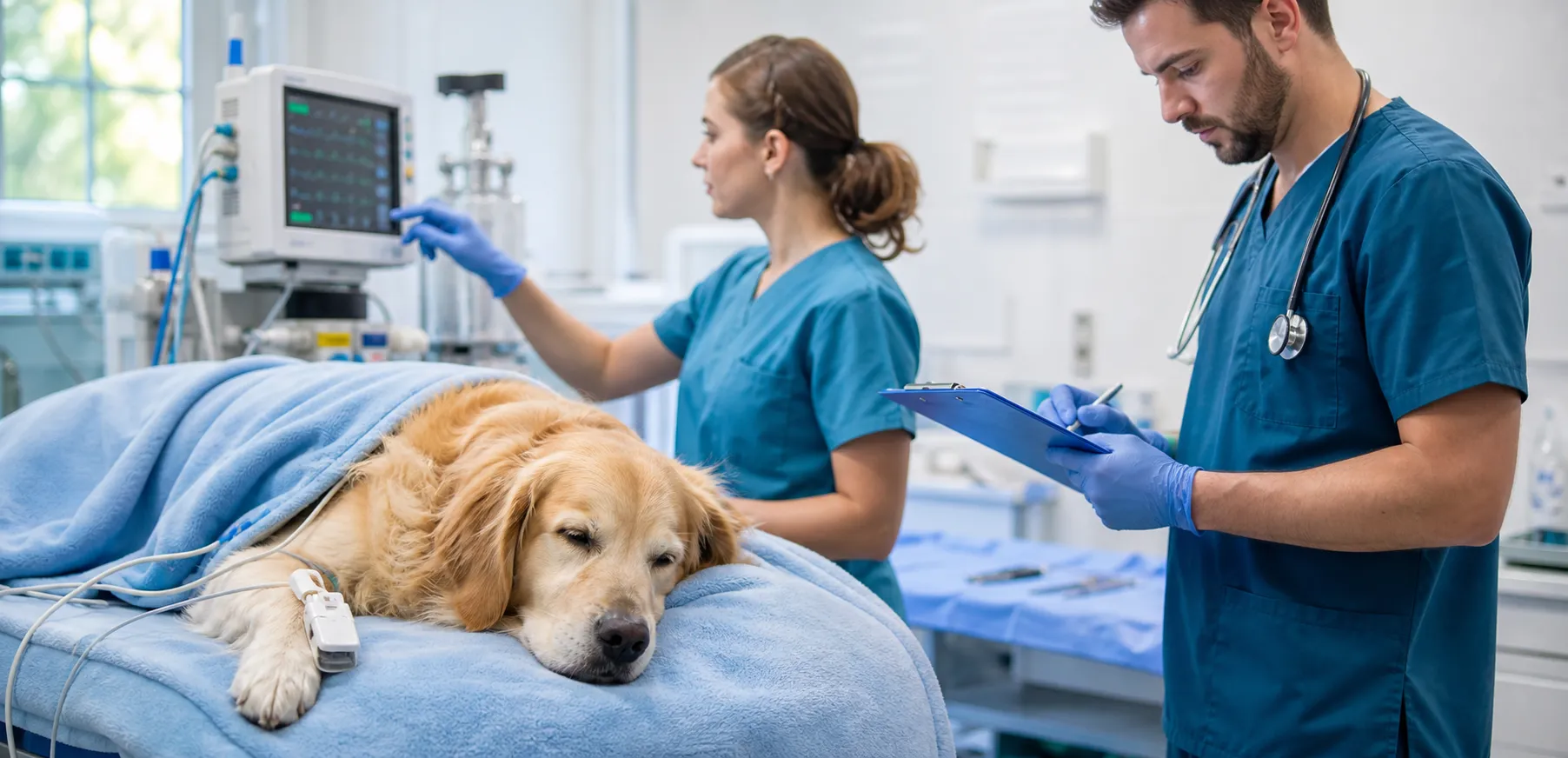 A veterinary surgical team performing a procedure in a monitored operating suite