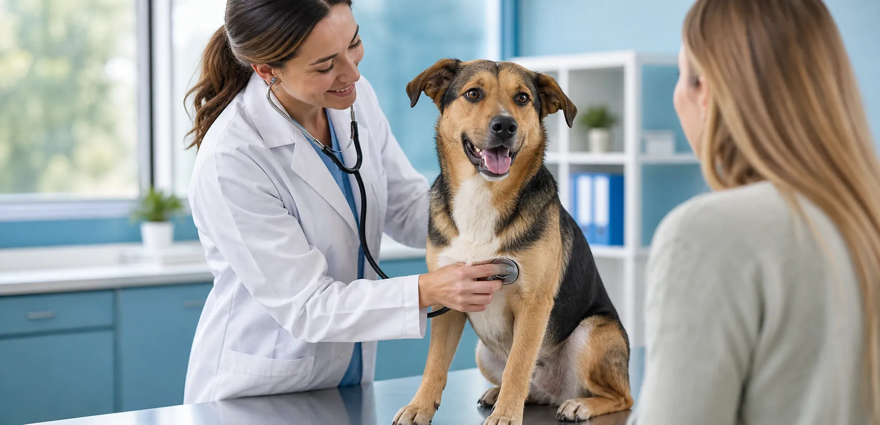 A veterinarian listening to a happy dog's heart with a stethoscope